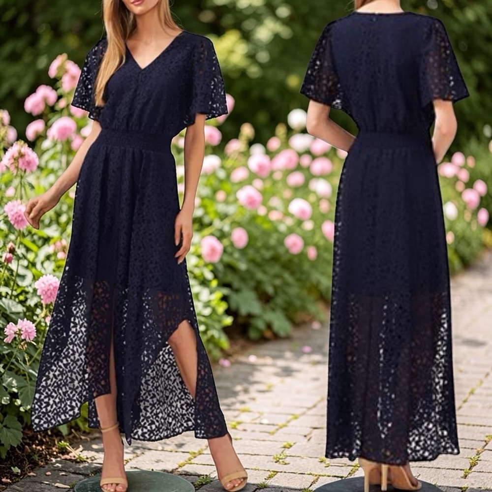 NEW CeCe V-Neck Flutter Sleeve Maxi Dress Navy Floral Eyelet Feminine Event M